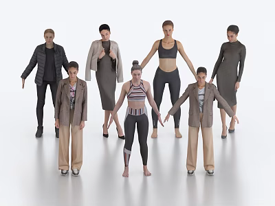 Group of Diverse People Standing and Posing in Different Outfits on White Background 3d model
