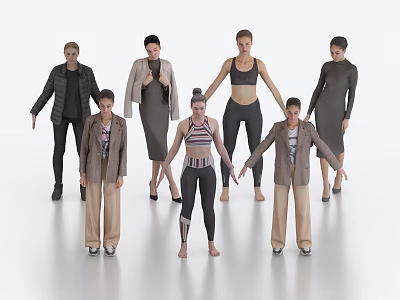 Group of Diverse People Standing and Posing in Different Outfits on White Background 3d model