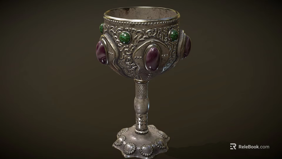 Antique Silver Ornate Goblet With Intricate Carvings And Purple Green Gemstones 3d model 