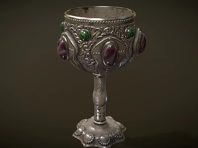 Antique Silver Ornate Goblet With Intricate Carvings And Purple Green Gemstones 3d model