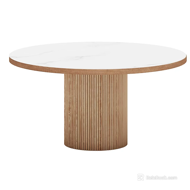 Modern Round Dining Table With White Marble Top And Fluted Wooden Base 3d model