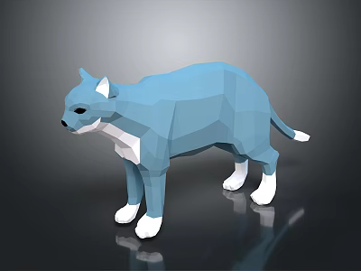 Low Poly Blue Cat Model With Geometric Design And White Paws 3d model