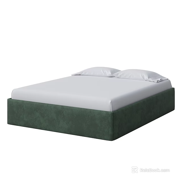 Double Bed With Green Upholstered Frame White Mattress And Two Pillows 3d model 