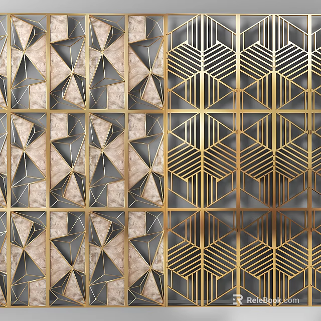 Stylish Modern Room Divider With Geometric Patterns Gold Frame And Marble Panels 3d model 