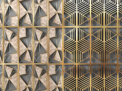 Stylish Modern Room Divider With Geometric Patterns Gold Frame And Marble Panels 3d model