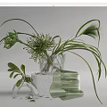 Transparent Glass Vase With Green Grasses And White Stacked Containers Decorative Indoor Plants