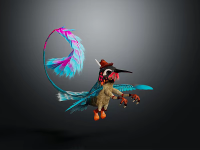 Fantasy Character And Creature With Colorful Feathers Long Tail Blue Wings Brown Body Red Hat 3d model