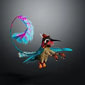 Fantasy Character And Creature With Colorful Feathers Long Tail Blue Wings Brown Body Red Hat