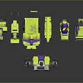 Large Transformable Robot Figure With Multiple Small Construction Vehicles In Black Yellow Purple 3d model