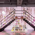 Pink Shopping Mall Store With Claw Machines Cloud Shaped Pendant Lights Pink Counter Checkered Floor