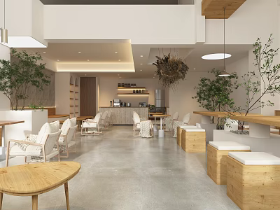 Bubble Tea Shop Interior With Natural Style Wooden Furniture And Green Plants 3d model