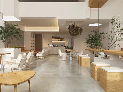 Bubble Tea Shop Interior With Natural Style Wooden Furniture And Green Plants 3d model