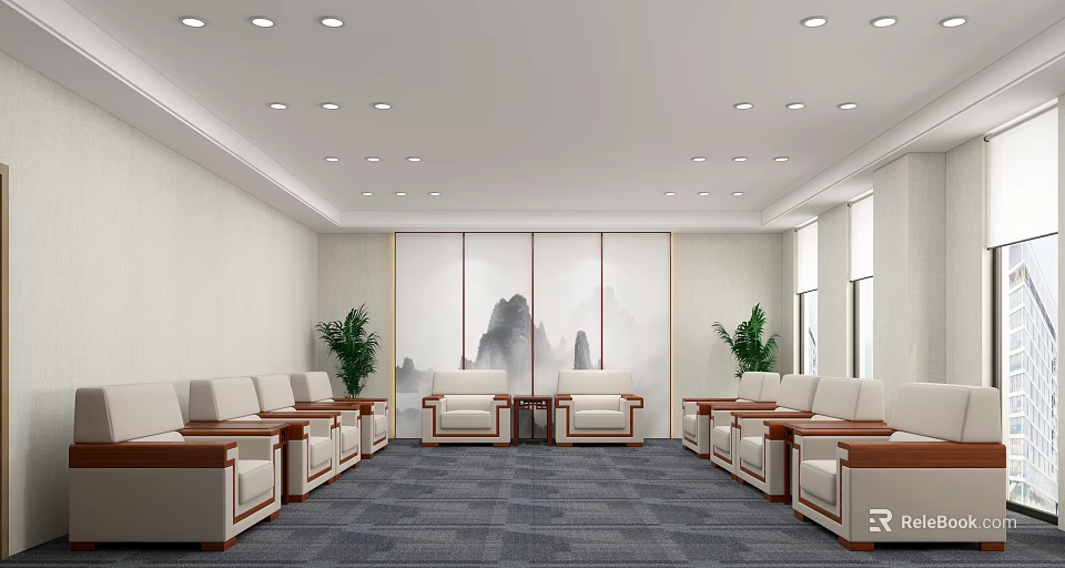 Modern Reception Desk Area With Comfortable Seating And Decorative Plants 3d model