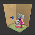 Cartoon Character Cleaning White Toilet With Toilet Paper In Bathroom Scene