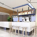 Modern Store Front Desk With White Marble Counter Wooden Ceiling And Pendant Lights 3d model