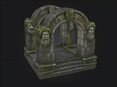 Ancient Stone Archway Structure With Carved Head Statues And Moss Covered Steps 3d model