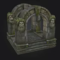 Ancient Stone Archway Structure With Carved Head Statues And Moss Covered Steps 3d model