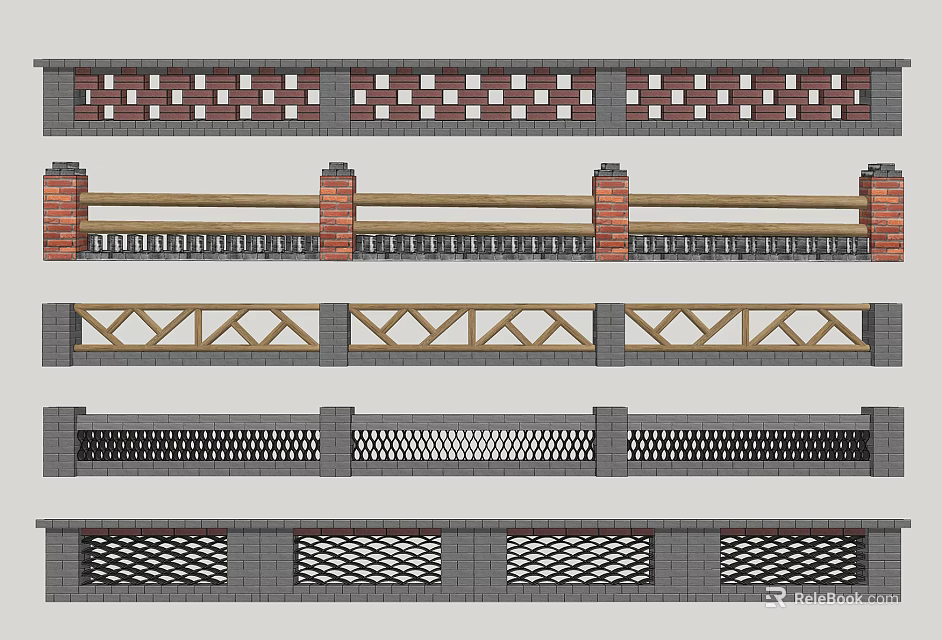 Building Exterior Wall Featuring Various Design Patterns With Brick Wooden and Metal Grid Elements 3d model