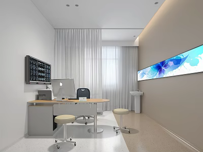 Modern Workspace Interior With Desk Computer Monitor Stools Curtains And Wall Art 3d model