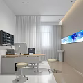 Modern Workspace Interior With Desk Computer Monitor Stools Curtains And Wall Art