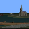 Scenic Park Landscape With Lake Sailboats Church Building Wooden Dock And Stone Pavement