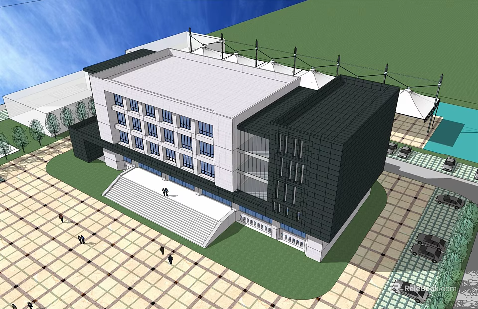 Modern Office Building With White Black Facade Large Windows And Front Steps 3d model