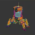Orange Robot With Mechanical Legs And Cactus On Top Displaying Digital Screen 3d model