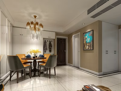 Modern Restaurant Interior With Dining Table Chairs Chandelier White Cabinets And Decorative Painting 3d model