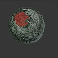 Circular Silver Phoenix Sculpture With Red Background And Wave Patterns