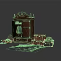 Ornate Antique Wooden Wardrobe With Open Doors Clothes Vintage Trunks And Gray Rug