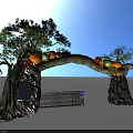 Tree Arch Entry Gate with Colorful Fruit Decorations Natural Trunk and Metal Fence