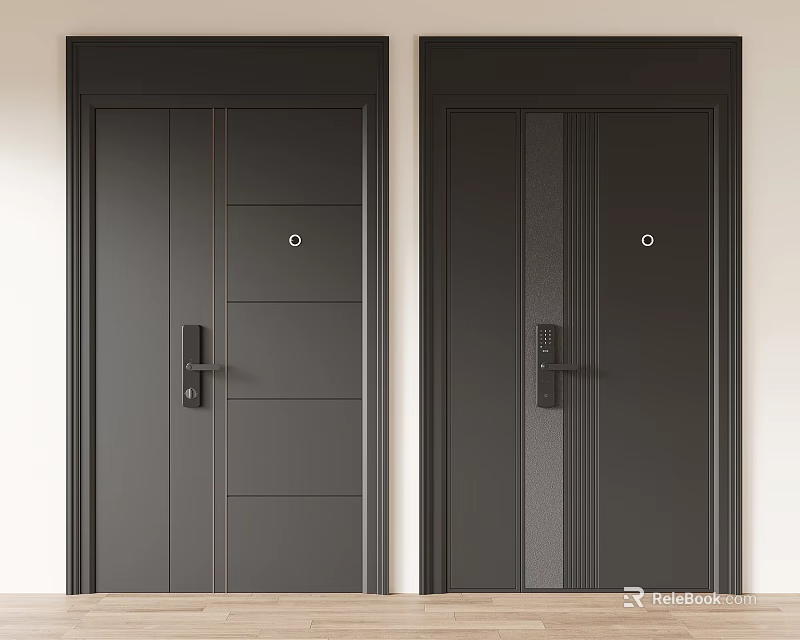 Black Modern Swing Doors With Handle And Peephole For Home Entrance 3d model 