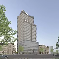 Modern High Rise Office Building with Glass Facade Surrounded by Trees and Low Rise Buildings
