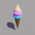 Colorful Ice Cream Cone With Vanilla Pink And Blue Scoops In Waffle Cone