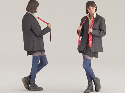 Stylish Woman in Dark Blazer White Shirt Red Striped Tie Skirt Blue Tights Black Shoes 3d model