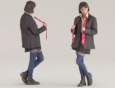 Stylish Woman in Dark Blazer White Shirt Red Striped Tie Skirt Blue Tights Black Shoes 3d model