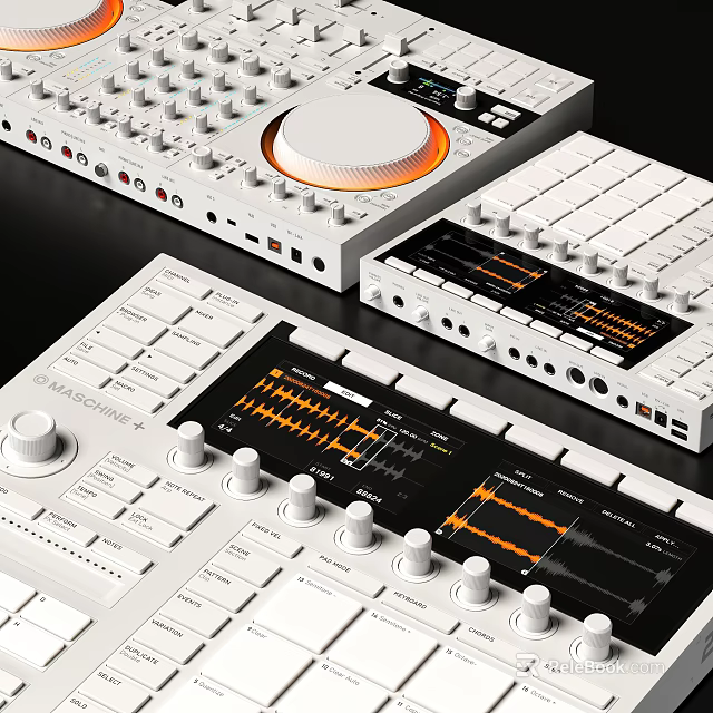 Headphones Speakers Audio Mixer With White Knobs Faders Digital Screens And Controls 3d model 