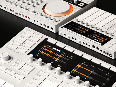 Headphones Speakers Audio Mixer With White Knobs Faders Digital Screens And Controls 3d model