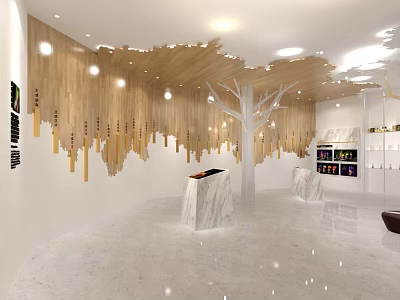 Modern Artistic Interior Space Featuring Wooden Ceiling Decor Marble Floor And White Shelves 3d model