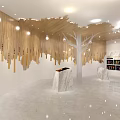 Modern Artistic Interior Space Featuring Wooden Ceiling Decor Marble Floor And White Shelves