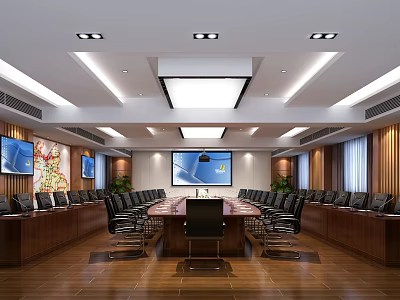 Modern Conference Room Interior Design With Long Table Chairs Projection Screen TV Screens And Plants 3d model