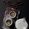 Two Cups of Hot Coffee with Glass Pitcher Coffee Beans and Lavender on Silver Tray
