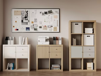 Modern Storage Cabinets With Books Documents And Wall Mounted Bulletin Board 3d model