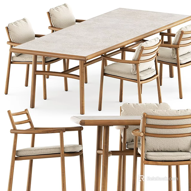 Modern Wooden Dining Table With Beige Fabric Cushioned Chairs Set Design 3d model 