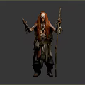 Man with red hair and long beard in tattered clothes holding staff on gray background