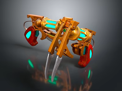 Futuristic Mechanical Claw Weapon with Golden Body Green Glowing Parts Red Details and Silver Spikes 3d model