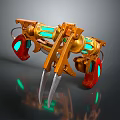 Futuristic Mechanical Claw Weapon with Golden Body Green Glowing Parts Red Details and Silver Spikes