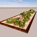 Great Wall Themed Sculpture Model With Mountain Trees And Water On Wooden Base