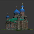 Traditional European Architecture With Blue Domes Green Roof Tower And Brick Red Walls
