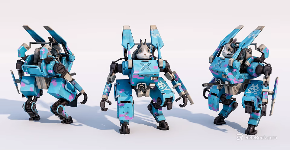 Intelligent Robotic Cat Machines With Blue Pink Design And Mechanical Structure 3d model 